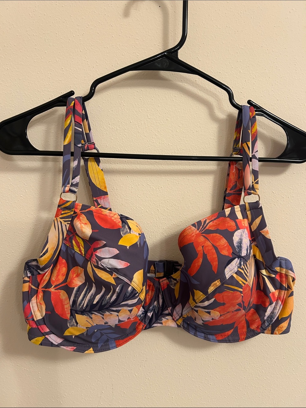 Underwire Floral Bikini Top in Navy with Red & Yellow Leaves